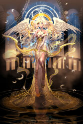 Rule 34 | 1girl, absurdres, angel, angel girl, blue eyes, blue hair, blush, bow (weapon), commentary, dress, english commentary, feathered wings, feathers, gold footwear, gradient hair, halo, halter shirt, halterneck, highres, holding, holding bow (weapon), holding weapon, lens flare, long hair, long sleeves, looking at viewer, multicolored hair, naninna, off-shoulder dress, off shoulder, original, shirt, shoes, sky, smile, solo, star (sky), star (symbol), starry sky, very long hair, weapon, white dress, white shirt, wings