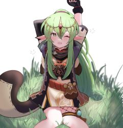 Rule 34 | 1girl, arms up, belt pouch, blush, commentary, cosplay, crossover, english commentary, feet out of frame, fire emblem, fire emblem: shadow dragon and the blade of light, genshin impact, gloves, grass, green eyes, green hair, highres, jewelry, juneplums, long hair, nintendo, open mouth, pointy ears, ponytail, pouch, sayu (genshin impact), sayu (genshin impact) (cosplay), scarf, sitting, squeans, solo, stretching, tiara, tiki (fire emblem), tiki (young) (fire emblem), very long hair