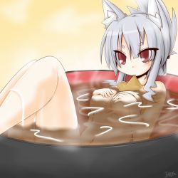 Rule 34 | 1girl, aburaage, animal ears, bad id, bad pixiv id, bathing, breast suppress, breasts, cup, food, fox ears, in container, in cup, in food, long hair, mini person, minigirl, mouth hold, noodles, original, red eyes, reku, rex (artist), silver hair, solo