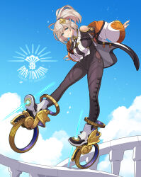 Rule 34 | ahoge, blue eyes, blue sky, bodysuit, breasts, cloud, coat, copyright name, day, footwear request, full body, gold trim, hair ornament, highres, large breasts, light brown hair, looking at viewer, multicolored coat, orange coat, outdoors, pixiv fantasia, pixiv fantasia scepter of zeraldia, sky, smile, tsukinami kousuke, two-tone coat, white coat, wide sleeves