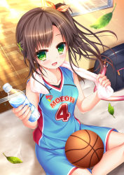 Rule 34 | 1girl, :d, bag, ball, basketball, basketball (object), basketball uniform, blush, bottle, brown hair, duffel bag, green eyes, hair ornament, hair ribbon, highres, holding, holding bottle, jersey, leaf, light rays, long hair, looking at viewer, moe2017, open mouth, original, purple ribbon, ribbon, shitou, shorts, side ponytail, sitting, smile, solo, sportswear, sunlight, towel, towel around neck, water bottle, x hair ornament