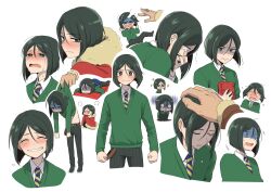 Rule 34 | 1boy, 2boys, black hair, blush, book, chibi, clenched hands, closed eyes, crying, fate/zero, fate (series), green eyes, green sweater, grin, highres, holding, holding book, iskandar (fate), lying, multiple boys, multiple views, necktie, on stomach, open mouth, shirt, simple background, sitting, smile, sparkle, striped necktie, sweater, tears, tsumumi (kandume103), waver velvet, white background, white shirt