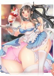 Rule 34 | 1girl, alternate costume, apron, areola slip, azur lane, bare shoulders, black hair, blush, breasts, carrying, cleavage, cosplay, cygnet (an offer to be maid) (azur lane), cygnet (azur lane), cygnet (azur lane) (cosplay), detached collar, frilled apron, frills, garter straps, hato haru, large breasts, long hair, maid headdress, multicolored hair, one side up, panties, pantyshot, parfait, pink panties, red eyes, sidelocks, solo, streaked hair, sweatdrop, thighhighs, tray, u-47 (azur lane), underwear, waitress, white thighhighs, wrist cuffs