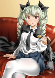 Rule 34 | &gt;:o, 10s, 1girl, :o, anchovy (girls und panzer), black cape, black necktie, black ribbon, blue skirt, blush, brooch, buckle, cape, collared shirt, crossed arms, drill hair, eyebrows, gem, girls und panzer, green hair, hair between eyes, hair ribbon, holding, jewelry, kasugano tobari, long sleeves, looking at viewer, necktie, pantyhose, parted lips, pleated skirt, pointer, red eyes, ribbon, riding crop, shirt, simple background, skirt, solo, tsurime, twin drills, twintails, v-shaped eyebrows, white pantyhose, white shirt, yellow background