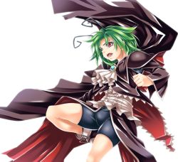 Rule 34 | 1girl, adapted costume, bike shorts, cape, ascot, female focus, green hair, legs folded, open mouth, red eyes, serious, shoes, short hair, solo, touhou, transparent background, white background, white legwear, wriggle nightbug, yoiti