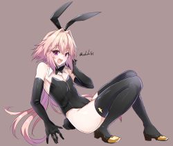 Rule 34 | 1boy, androgynous, animal ears, artist name, artist request, astolfo (fate), astolfo (saber) (fate), bare shoulders, black leotard, commentary request, detached collar, elbow gloves, fake animal ears, fang, fate/grand order, fate (series), gloves, grey background, hair between eyes, haoro, highleg, highleg leotard, highres, leotard, looking at viewer, male focus, male playboy bunny, open mouth, pink hair, playboy bunny, purple eyes, rabbit ears, rabbit tail, simple background, skin fang, solo, strapless, strapless leotard, tail, thighhighs, tongue, trap, twitter username, watermark