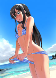 Rule 34 | 10s, 1girl, beach, bikini, black hair, blue bikini, blue eyes, blush, breasts, commentary request, day, dutch angle, female pubic hair, full-face blush, glasses, headband, highres, kantai collection, long hair, mu-pyon, ocean, ooyodo (kancolle), outdoors, panties, panty pull, plaid, plaid bikini, pubic hair, small breasts, solo, striped bikini, striped clothes, sweat, swimsuit, underwear, wavy mouth