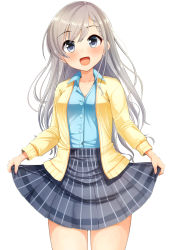 Rule 34 | 1girl, :d, blue shirt, blush, braid, braided bangs, breasts, collarbone, collared shirt, dress shirt, earrings, gaichi, grey eyes, grey hair, grey skirt, highres, hisakawa hayate, holding, holding clothes, holding skirt, idolmaster, idolmaster cinderella girls, jacket, jewelry, long hair, long sleeves, looking at viewer, open clothes, open jacket, open mouth, plaid, plaid skirt, pleated skirt, shirt, simple background, skirt, skirt hold, small breasts, smile, solo, standing, very long hair, white background, yellow jacket