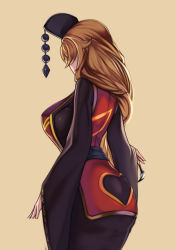 Rule 34 | 1girl, ass, back, black dress, blonde hair, breasts, chinese clothes, clothing cutout, cowboy shot, dress, from behind, hat, heart, heart cutout, highres, hoshara, huge ass, huge breasts, junko (touhou), long hair, long sleeves, mature female, sash, scroll, simple background, solo, tabard, touhou, wide sleeves