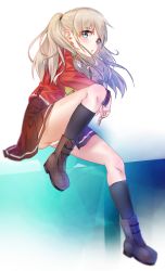 Rule 34 | 10s, 1girl, bad id, bad pixiv id, blue eyes, blush, boots, charlotte (anime), gradient background, highres, long hair, looking at viewer, panties, pantyshot, pleated skirt, rolua, school uniform, serafuku, silver hair, sitting, skirt, solo, tomori nao, twintails, two side up, underwear, white panties