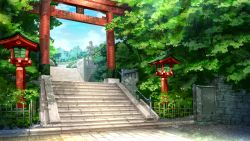 Rule 34 | brick wall, day, fence, no humans, o (rakkasei), original, outdoors, railing, scenery, stairs, stone stairs, torii, tree