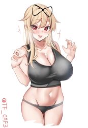 Rule 34 | 1girl, blonde hair, blush, bra, breasts, cleavage, collarbone, cowboy shot, grey bra, grey panties, hair flaps, hair ornament, hair ribbon, hairclip, highres, kantai collection, large breasts, legs together, long hair, looking at viewer, navel, panties, red eyes, ribbon, smile, solo, sports bra, tf cafe, twitter username, underwear, underwear only, white background, yuudachi (kancolle), yuudachi kai ni (kancolle)