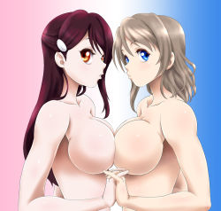 Rule 34 | 10s, 2girls, asada okina, blue eyes, breast press, breasts, brown eyes, grey hair, hair ornament, holding hands, interlocked fingers, large breasts, long hair, looking at viewer, love live!, love live! sunshine!!, multicolored background, multiple girls, nude, parted lips, red hair, sakurauchi riko, short hair, standing, symmetrical docking, upper body, watanabe you, yuri