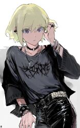 Rule 34 | 1boy, belt, bracelet, choker, copyright name, dohyo123123, green hair, grey shirt, hand up, highres, jewelry, leather, leather pants, lio fotia, looking at viewer, male focus, necklace, o-ring, o-ring choker, pants, print shirt, promare, purple eyes, shirt, short hair, simple background, solo, standing, studded belt, t-shirt, white background