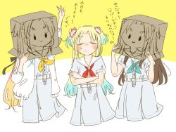 Rule 34 | 3girls, :&gt;, = =, anyoji hime, aqua neckerchief, black ribbon, blonde hair, blue hair, box, box on head, brown hair, cardboard box, closed eyes, closed mouth, commentary request, cropped legs, crossed arms, dress, flower, fujishima megumi, gradient hair, hair flower, hair ornament, hair ribbon, hasu no sora school uniform, jacket, kase (ks lys), light blue hair, link! like! love live!, long hair, love live!, medium dress, mira-cra park!, multicolored hair, multiple girls, neckerchief, open clothes, open jacket, osawa rurino, parted bangs, pink flower, pink hair, pleated dress, ponytail, red neckerchief, ribbon, sailor collar, sailor dress, school uniform, short sleeves, summer uniform, translation request, twintails, two-tone background, very long hair, virtual youtuber, white background, white dress, white flower, white jacket, white sailor collar, yellow background, yellow neckerchief
