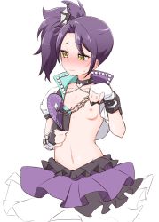 Rule 34 | 1girl, black choker, blush, breasts, choker, closed mouth, cowboy shot, fingerless gloves, gloves, heart, highres, jacket, layered skirt, nipples, one side up, open clothes, open jacket, pretty series, pripara, purple hair, simple background, skirt, small breasts, solo, sweat, toudou shion, upper body, white background, white gloves, yellow eyes, yonekura hisaki