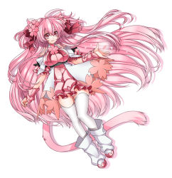 Rule 34 | 1girl, animal ears, boots, bow, breasts, cat ears, cat tail, flower, full body, hair bow, hair flower, hair ornament, highres, komomo (tk), large breasts, long hair, looking at viewer, original, pink eyes, pink hair, simple background, smile, solo, tail, takatsuki ichi, thighhighs, thighs, very long hair, white background, white thighhighs, zettai ryouiki