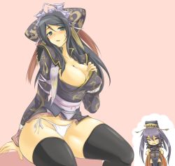 Rule 34 | 1girl, bad id, bad pixiv id, black hair, blue eyes, breasts, chibi, chinese clothes, cleavage, cosplay, costume switch, curvy, hip focus, large breasts, momio, oui, oui (character), panties, pantyshot, sangokushi taisen, side-tie panties, thick thighs, thighhighs, thighs, touhaku, underwear, wide hips