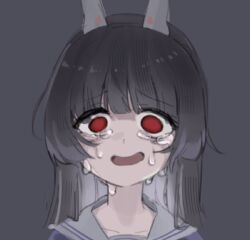 Rule 34 | 1girl, arca.live, black hair, blue archive, grey background, looking at viewer, miyu (blue archive), rabbit ears, red eyes, school uniform, second-party source, serafuku, solo