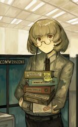 Rule 34 | !, absurdres, belt, binder, black pants, blonde hair, blunt bangs, book, book stack, carrying, ceiling, ceiling light, collared shirt, cowboy shot, crossed arms, cubicle, dollar sign, ear piercing, english text, expressionless, eyelashes, glasses, highres, holding, indoors, kornod, light, long sleeves, looking at viewer, necktie, note, office, original, pants, paper, piercing, red eyes, round eyewear, shirt, shirt tucked in, short hair, sidelocks, sleeve cuffs, stamp mark, standing, sticky note, tareme, wall, white hair, white shirt
