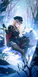 Rule 34 | 1girl, azur lane, bare tree, belt, bismarck (azur lane), black belt, black cape, black footwear, black gloves, black headwear, black jacket, black pantyhose, blonde hair, blue eyes, boots, cape, day, fur-trimmed cape, fur trim, gloves, hat, highres, holding, holding sword, holding weapon, jacket, knee boots, kyusoukyu, long hair, military hat, military jacket, military uniform, outdoors, pantyhose, peaked cap, planted, planted sword, planted weapon, red cape, sitting, snow, snowing, sword, tree, two-sided cape, two-sided fabric, uniform, weapon, wolf
