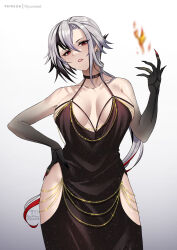 Rule 34 | 1girl, arlecchino (genshin impact), bare shoulders, black choker, black dress, black hair, breasts, choker, commentary, cowboy shot, dress, fire, genshin impact, gradient background, grey background, grey hair, hand on own hip, hand up, highres, hip vent, large breasts, long hair, looking at viewer, low ponytail, meme attire, modakawa dress, multicolored hair, parted lips, pink lips, ryuuneart, sleeveless, sleeveless dress, solo, standing, streaked hair, very long hair