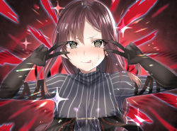 Rule 34 | 1girl, @ @, absurdres, black dress, blush, breasts, brown hair, double v, dress, earrings, emotional engine - full drive, fate/grand order, fate (series), gloves, gradient background, grey eyes, highres, jewelry, long hair, looking at viewer, multiple earrings, parody, red background, smile, solo, sparkle, turtleneck, turtleneck dress, v, very long hair, yu mei-ren (fate), yu mei-ren (first ascension) (fate), yufou