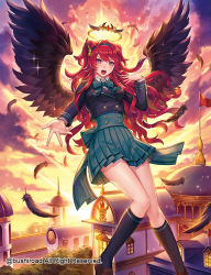 Rule 34 | 1girl, aqua bow, aqua bowtie, aqua skirt, black socks, bow, bowtie, brown footwear, building, cardfight!! vanguard, company name, day, feathered wings, feathers, flag, flying, halo, hand up, kneehighs, konomi (lovecrab), long hair, long sleeves, official art, outdoors, outstretched hand, pleated skirt, purple eyes, red hair, skirt, socks, sunset, wings