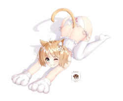 Rule 34 | 1girl, all fours, animal ears, animal hands, ass, blonde hair, blush, cat ears, cat tail, flower, gloves, green eyes, hair flower, hair ornament, highres, lingerie, looking at viewer, one eye closed, panties, parted lips, paw gloves, sakura trick, shadow, short hair, side-tie panties, simple background, smile, solo, sonoda yuu, tail, teeth, thighhighs, top-down bottom-up, underwear, underwear only, white background, white panties, white thighhighs