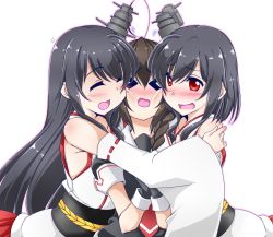 Rule 34 | &gt; &lt;, 10s, 3girls, ahoge, bare shoulders, black gloves, black hair, black serafuku, braid, cheek-to-cheek, cheek squash, commentary request, detached sleeves, embarrassed, eyebrows, closed eyes, fusou (kancolle), girl sandwich, gloves, group hug, hair ornament, heads together, hug, japanese clothes, kantai collection, kuon (nokokopopo), long hair, multiple girls, nontraditional miko, open mouth, red eyes, sandwiched, school uniform, serafuku, shigure (kancolle), short hair, single braid, wide sleeves, yamashiro (kancolle)