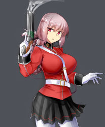 Rule 34 | 1girl, between breasts, braid, breasts, fate/grand order, fate (series), florence nightingale (fate), gippo, gloves, gun, handgun, highres, military, military uniform, pantyhose, pink hair, pistol, red eyes, single braid, stethoscope, strap between breasts, uniform, weapon