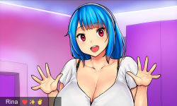 Rule 34 | 1girl, blue hair, breasts, character name, cleavage, commentary, emoji, english commentary, erkaz, hairband, hands up, heart, highres, huge breasts, indoors, long hair, looking at viewer, open mouth, original, red eyes, rina atherina, shirt, short sleeves, smile, solo, white shirt, zoom chat