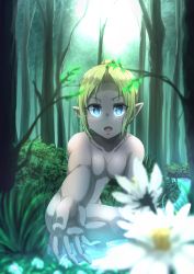 Rule 34 | 1girl, blonde hair, blue eyes, blurry, blurry foreground, blush, branch, breasts, censored, censored nipples, convenient censoring, elf, flower, flower censor, forest, grass, hatohane (tonnkotubird), highres, leaf, looking at viewer, medium breasts, nature, nude, open mouth, original, outdoors, plant, pointy ears, reaching, reaching towards viewer, short hair, smile, solo, squatting, tree, wading, water