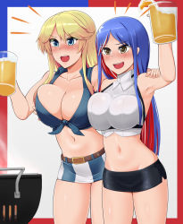 Rule 34 | 2girls, adapted costume, alcohol, arm up, armpits, hug, asymmetrical docking, bad id, bad pixiv id, bare shoulders, beer, belt, black skirt, blonde hair, blue eyes, blue hair, blush, breast press, breasts, breasts squeezed together, brown eyes, cleavage, collarbone, cooking, cowboy shot, crop top, dress shirt, glass, grill, grilling, groin, highres, impossible clothes, impossible shirt, iowa (kancolle), kantai collection, large breasts, long hair, looking ahead, lowleg, lowleg panties, midriff, miniskirt, multicolored hair, multiple girls, navel, nikku (nzaf5832), open mouth, panties, pencil skirt, red hair, shirt, shouting, simple background, skirt, sleeveless, smile, south dakota (kancolle), star (symbol), striped, teeth, tied shirt, two-tone hair, underwear, upper teeth only, white hair, white shirt