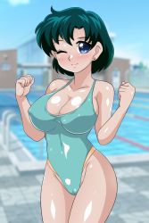 Rule 34 | 1girl, absurdres, bishoujo senshi sailor moon, blue eyes, blue hair, blue one-piece swimsuit, blue sky, blurry, blurry background, breasts, building, cameltoe, casual one-piece swimsuit, cleavage, cloud, collarbone, commentary request, cowboy shot, day, earrings, highleg, highleg swimsuit, highres, hoimin (anchangdeath), jewelry, large breasts, mizuno ami, one-piece swimsuit, one eye closed, outdoors, pool, short hair, sky, solo, standing, swimsuit