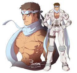 Rule 34 | 1boy, bare pectorals, belt, brown belt, brown eyes, brown hair, capcom, character name, closed mouth, cyberbots, dated, elbow pads, frown, gloves, hands on own hips, headband, knee pads, leg belt, male focus, multiple views, muscular, muscular male, navel, nipples, o-ring, osanpogakari, pectorals, pouch, saotome jin, scarf, simple background, spikes, standing, thigh strap, topless male, white background, white gloves, white headband, white scarf