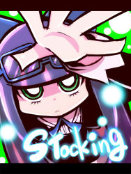 Rule 34 | 10s, 1girl, black hair, bow, colored inner hair, dress, english text, eyewear on head, from above, glasses, green eyes, hair bow, hair ornament, letterboxed, long hair, multicolored hair, official style, panty &amp; stocking with garterbelt, ribbon, solo, stocking (psg), tanashi (mk2), text focus, two-tone hair