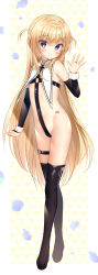 Rule 34 | 1girl, barcode, bare shoulders, black footwear, black thighhighs, blonde hair, blush, boots, bridal gauntlets, closed mouth, cross bikini, crotch strap, floral background, full body, groin, gyozanuko, hair between eyes, highres, long hair, looking at viewer, o-ring, original, petals, purple eyes, revealing clothes, simple background, smile, solo, thigh boots, thigh strap, thighhighs, two side up, very long hair, white background