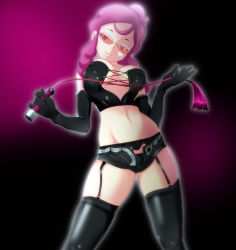 Rule 34 | 1girl, alternate color, alternate costume, bad id, bad pixiv id, bare shoulders, belt, black belt, black gloves, black panties, black shorts, black thighhighs, breasts, cat o&#039; nine tails, collarbone, covered erect nipples, creatures (company), dominatrix, elbow gloves, elite four, eyelashes, game freak, garter belt, garter straps, glasses, gloves, gradient background, groin, half updo, holding, leaning back, leather, long hair, looking away, looking to the side, malva (pokemon), medium breasts, midriff, navel, nintendo, open belt, open fly, orange eyes, outline, panties, pink hair, pokemon, pokemon xy, red-tinted eyewear, red-tinted glasses, shiny clothes, shorts, solo, standing, sunglasses, team flare, thighhighs, tinted eyewear, unbuckled, unbuttoned, underwear, unzipped, whip, yang meiling, zettai ryouiki