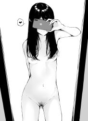 Rule 34 | 1girl, absurdres, breasts, cellphone, commentary request, covering privates, covering crotch, covering face, cowboy shot, female pubic hair, flat (joppin karu!), greyscale, heart, highres, long hair, mirror, monochrome, nipples, nude, original, phone, pubic hair, pussy, reflection, selfie, small breasts, smartphone, solo, spoken heart