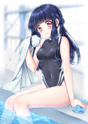 Rule 34 | 1girl, black one-piece swimsuit, breasts, commentary request, commission, competition swimsuit, covered navel, hair bun, highres, looking at viewer, low twintails, medium breasts, one-piece swimsuit, pixiv commission, poolside, shirato sayuri, smile, soaking feet, solo, swimsuit, tokimeki memorial, tokimeki memorial only love, towel, turtleneck, turtleneck one-piece swimsuit, twintails, yayoi mina