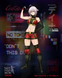 Rule 34 | 1girl, abs, ahoge, asymmetrical gloves, bike shorts, black footwear, black thighhighs, boots, breasts, character name, clenched hand, cross-laced footwear, dana zane, fist pump, full body, girls&#039; frontline, gloves, hand on own hip, highres, knee boots, knee pads, lace-up boots, medium breasts, midriff, mismatched gloves, navel, official alternate costume, official art, red eyes, short hair, silver hair, solo, sports bra, standing, thigh boots, thighhighs, thighs, va-11 hall-a, wrestling outfit