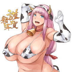 Rule 34 | 1girl, 2021, animal ears, animal print, areola slip, arm behind head, arm up, bare shoulders, bell, blue eyes, breasts, covered erect nipples, cow print, cowbell, ear tag, elbow gloves, fake animal ears, fake horns, gloves, highres, horns, huge breasts, long hair, navel, open mouth, original, pink hair, revealing clothes, simple background, solo, teeth, tokihanatareshi, tongue, upper teeth only, white background, white gloves