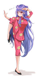Rule 34 | 1girl, absurdres, akino ell, black footwear, breasts, chinese clothes, double bun, dress, fighting stance, grey background, hair bun, hair ornament, highres, knee up, large breasts, long hair, long sleeves, looking at viewer, pants, purple hair, ranma 1/2, red eyes, red pants, shampoo (ranma 1/2), shoes, simple background, solo, standing, standing on one leg, translation request, very long hair, white background