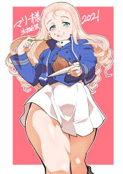 Rule 34 | 1girl, :p, absurdres, bc freedom military uniform, birthday, blonde hair, blue jacket, blue vest, border, closed mouth, commentary request, dated, dress shirt, drill hair, food, food on face, fork, girls und panzer, green eyes, half-closed eyes, high collar, highres, holding, holding fork, holding saucer, jacket, licking lips, long hair, long sleeves, looking at viewer, marie (girls und panzer), military, military uniform, miniskirt, mont blanc (food), outline, outside border, partial commentary, pleated skirt, red background, saucer, shinkuukan (tetsuo3), shirt, skirt, smile, solo, standing, tongue, tongue out, translated, uniform, vest, white border, white outline, white shirt, white skirt