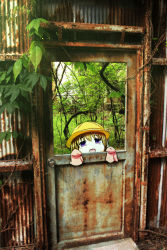 Rule 34 | 1girl, :d, brown hair, day, door, dress, hair between eyes, hat, highres, long sleeves, looking at viewer, neon-tetora, open mouth, peeking out, photo background, pink dress, plant, purple eyes, rust, school hat, sleeves past fingers, sleeves past wrists, smile, solo, tsukuyomi ai, voiceroid, yellow hat