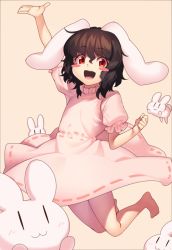 Rule 34 | 1girl, :3, :d, animal ears, arm up, barefoot, black hair, blush stickers, clenched hand, commentary, dress, full body, hair between eyes, hand up, inaba mob (touhou), inaba tewi, jumping, kaiza (rider000), looking at viewer, open mouth, pink background, pink dress, puffy short sleeves, puffy sleeves, rabbit, rabbit ears, red eyes, short hair, short sleeves, simple background, smile, solo, thighs, touhou, | |
