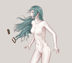 Rule 34 | 1girl, bad id, bad pixiv id, flat chest, green eyes, green hair, hatsune miku, highres, lips, long hair, matching hair/eyes, navel, nipples, nude, simple background, skinny, solo, vocaloid