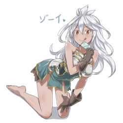 Rule 34 | 10s, 1girl, :q, barefoot, dark-skinned female, dark skin, gloves, granblue fantasy, highres, kneeling, leaning forward, long hair, looking at viewer, red eyes, silver hair, simple background, smile, solo, tongue, tongue out, white background, zaxwu, zooey (granblue fantasy)