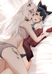 Rule 34 | 2girls, animal ears, arknights, bandeau, bare arms, bare shoulders, bed sheet, black panties, commentary, gloves, grey eyes, grey panties, hair ornament, hairclip, highres, krirk, lappland (arknights), long hair, long sleeves, looking at another, lying, material growth, midriff, multiple girls, navel, off shoulder, official alternate costume, on back, one eye closed, open mouth, oripathy lesion (arknights), panties, red gloves, red shirt, saliva, shadow, shirt, silver hair, strapless, texas (arknights), texas (willpower) (arknights), thighs, tube top, underwear, white background, wolf ears, yuri